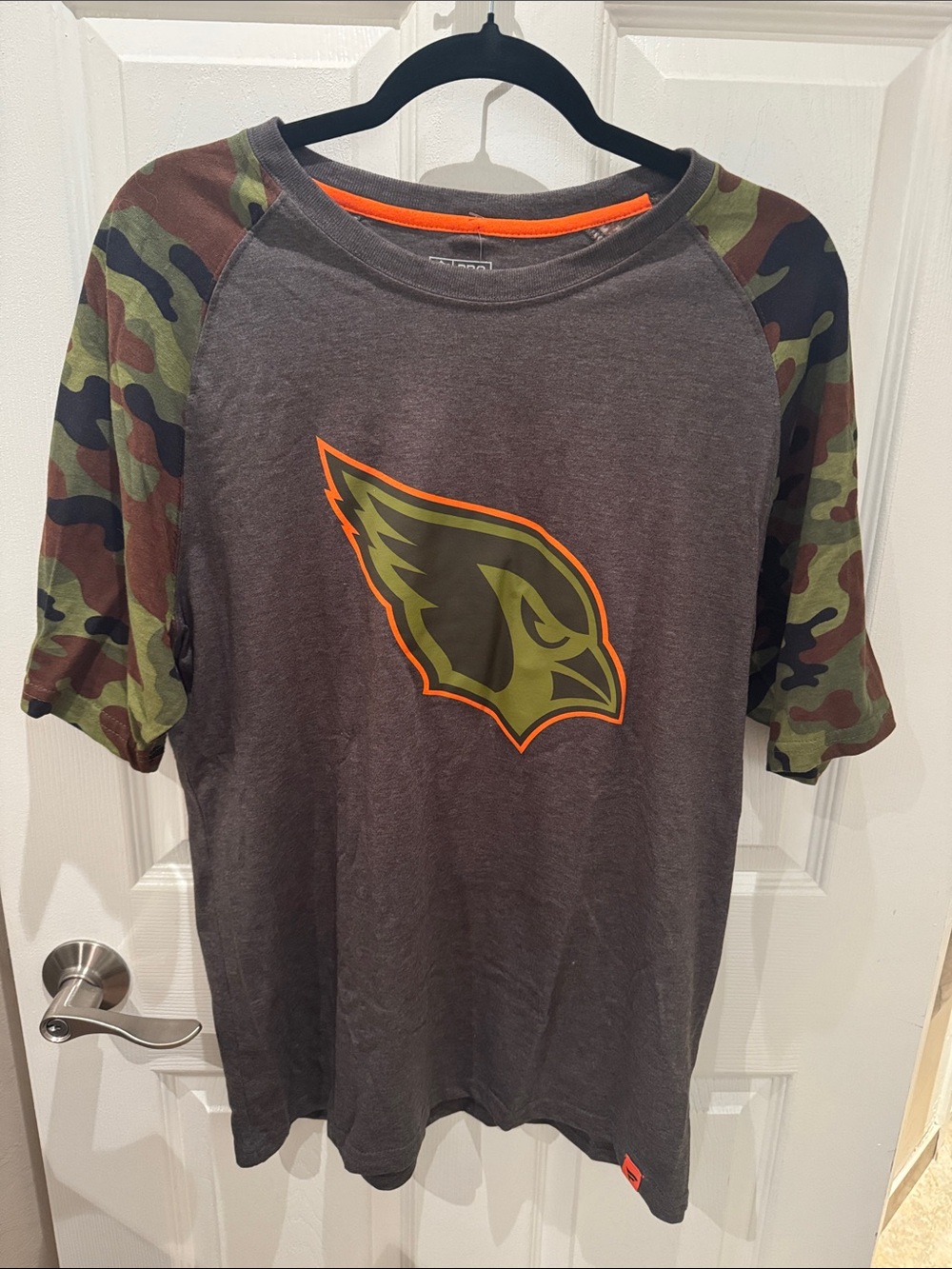 Fanatics Men's Gray Tee with Camo Sleeves and Olive/Orange Logo
